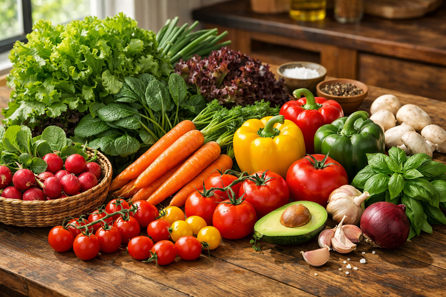 Fresh colorful vegetables arranged on a wooden kitchen table including leafy greens, carrots, bell peppers and tomatoes in natural daylight