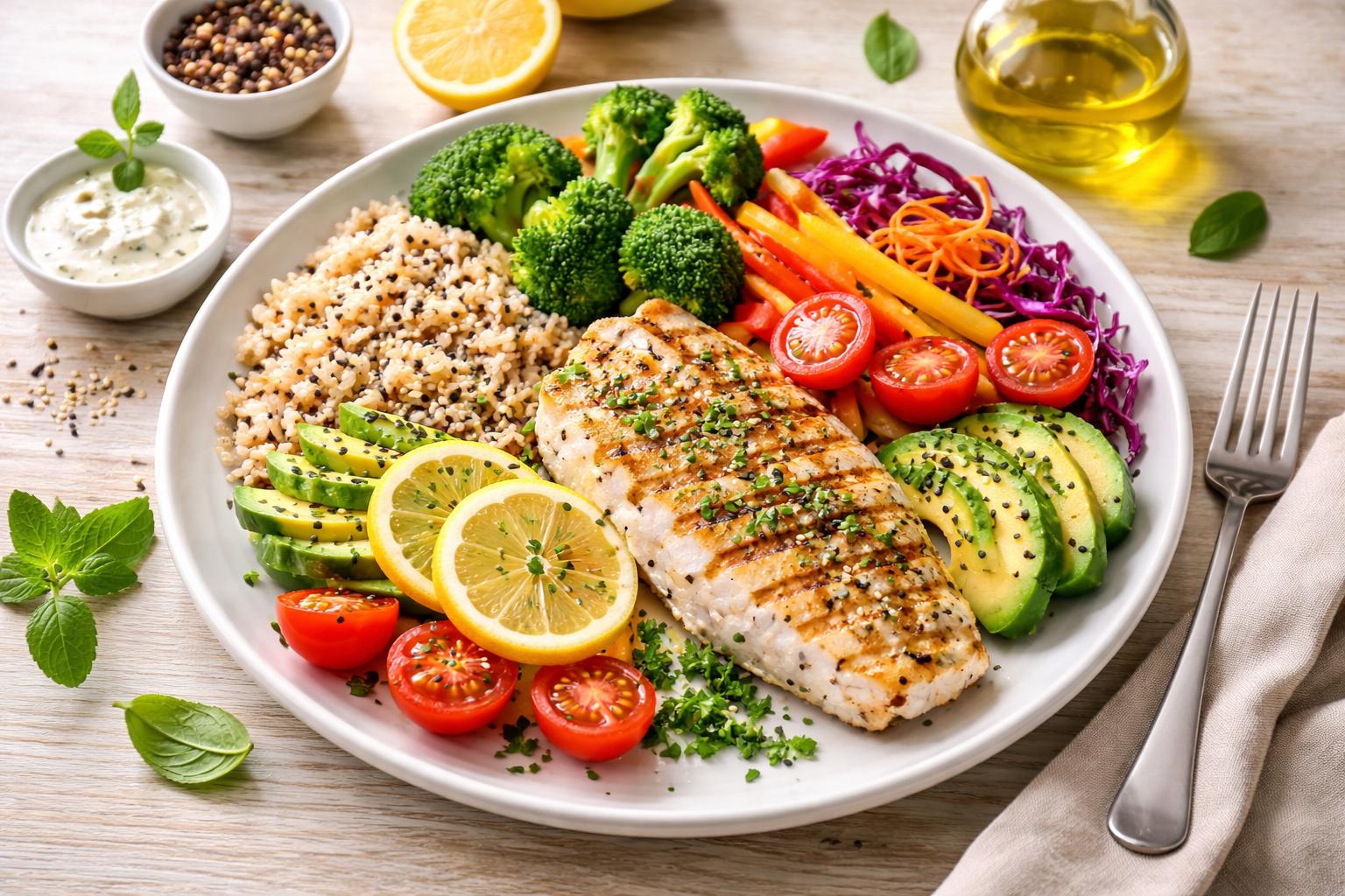 Healthy balanced meal plate with grilled fish, colorful vegetables, whole grain rice and olive oil on a light wooden table